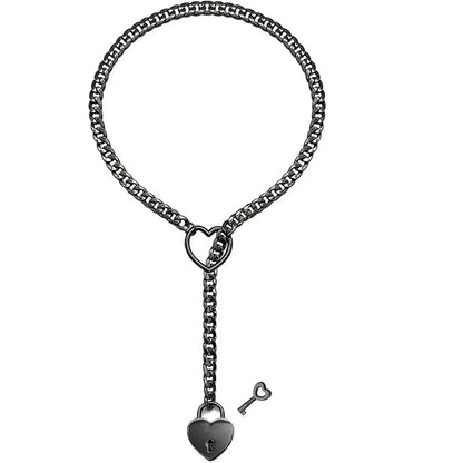 Adjustable Heart O - Ring Punk Rock Cuban Chain Necklace – Lariat Y - Style Necklace with Key & Heart Lock Pendant - The Inbound Protocol
