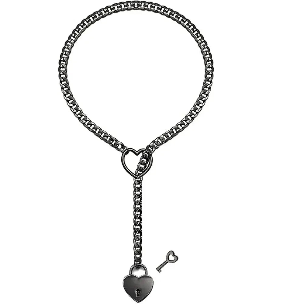 Adjustable Heart O - Ring Punk Rock Cuban Chain Necklace – Lariat Y - Style Necklace with Key & Heart Lock Pendant - The Inbound Protocol