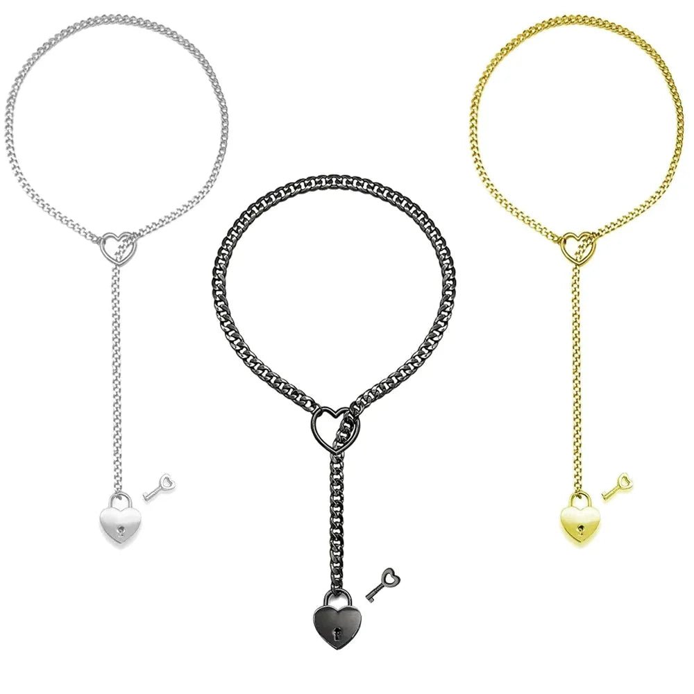 Adjustable Heart O - Ring Punk Rock Cuban Chain Necklace – Lariat Y - Style Necklace with Key & Heart Lock Pendant - The Inbound Protocol