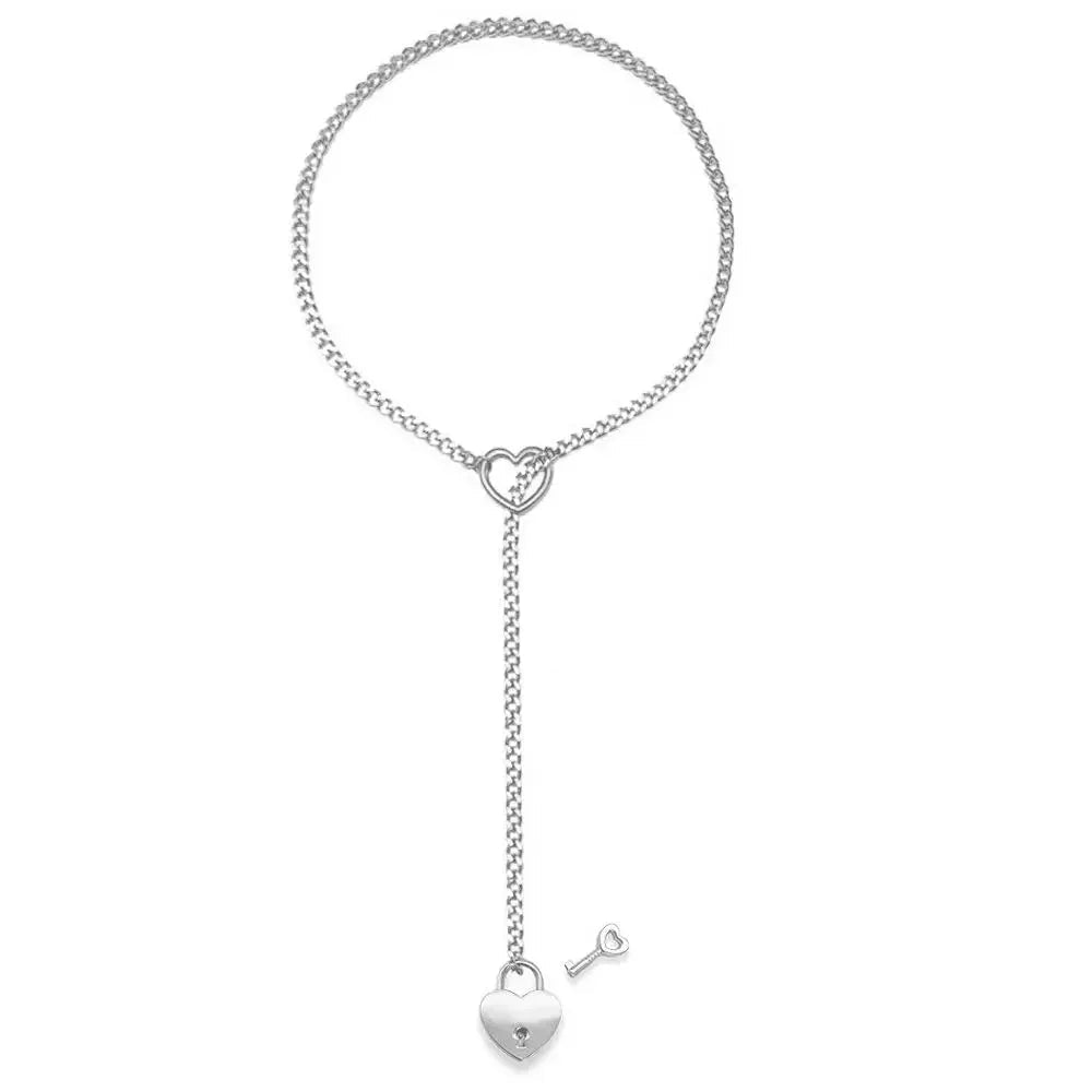 Adjustable Heart O - Ring Punk Rock Cuban Chain Necklace – Lariat Y - Style Necklace with Key & Heart Lock Pendant - The Inbound Protocol