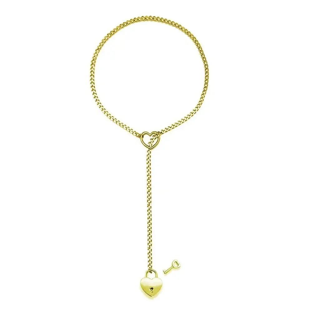 Adjustable Heart O - Ring Punk Rock Cuban Chain Necklace – Lariat Y - Style Necklace with Key & Heart Lock Pendant - The Inbound Protocol